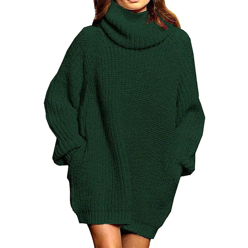 Women's High-neck Long-sleeved Pocket Sweater Dress