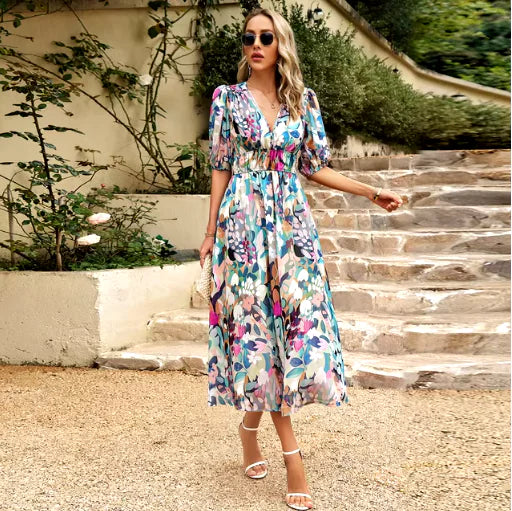 Summer Breeze V-Neck Printed Maxi Dress
