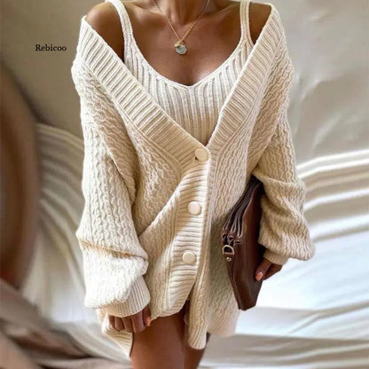 Women's Autumn Long-Sleeved V-Neck Sweater Dress Set