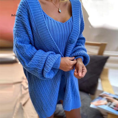 Women's Autumn Long-Sleeved V-Neck Sweater Dress Set