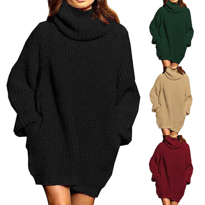 Women's High-neck Long-sleeved Pocket Sweater Dress