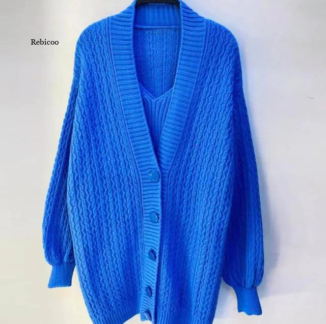 Women's Autumn Long-Sleeved V-Neck Sweater Dress Set