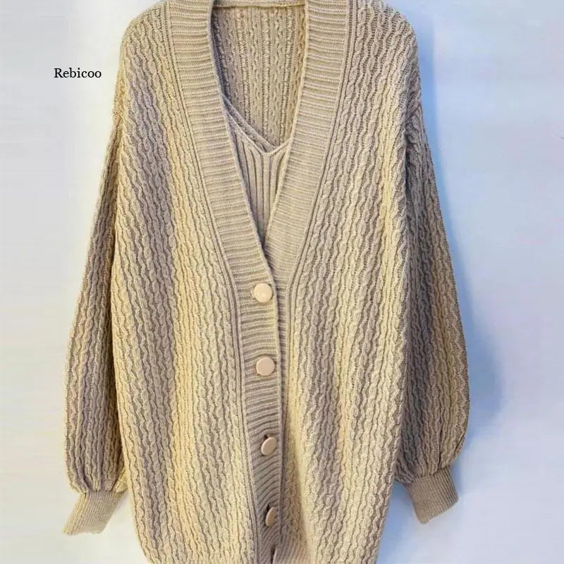 Women's Autumn Long-Sleeved V-Neck Sweater Dress Set