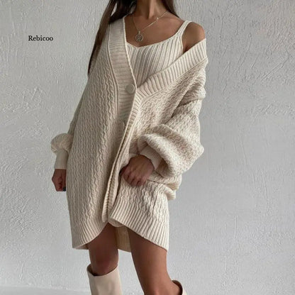 Women's Autumn Long-Sleeved V-Neck Sweater Dress Set