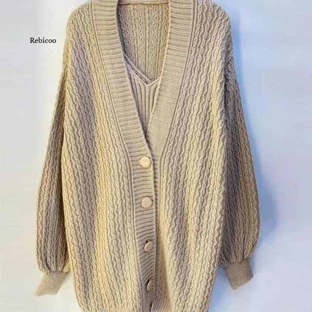 Women's Autumn Long-Sleeved V-Neck Sweater Dress Set