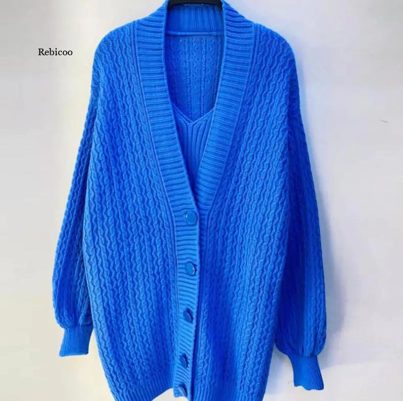 Women's Autumn Long-Sleeved V-Neck Sweater Dress Set