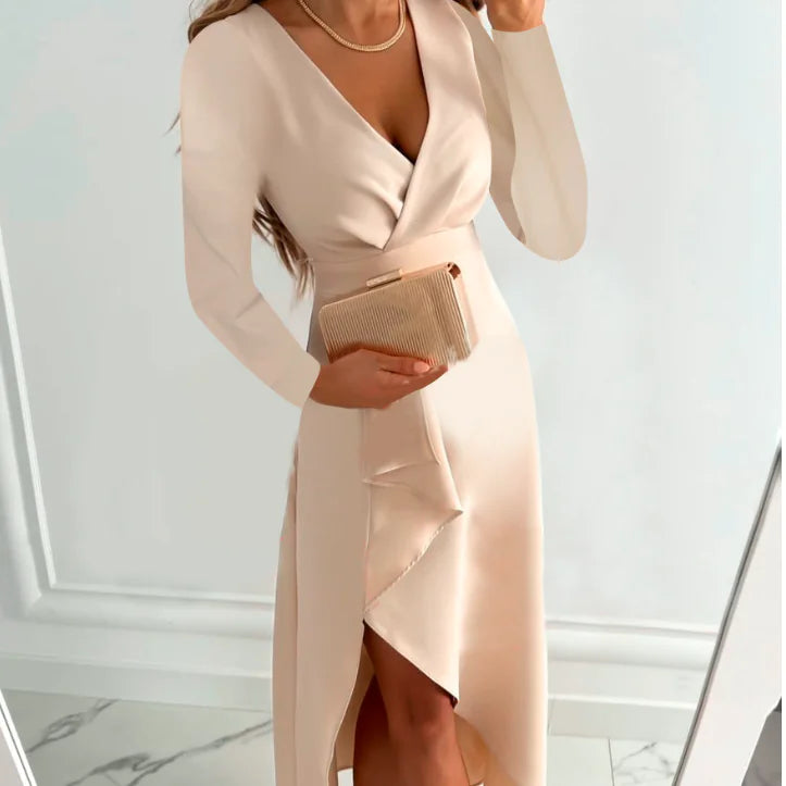 Women's Long-sleeved V-neck Pleated Split Dress