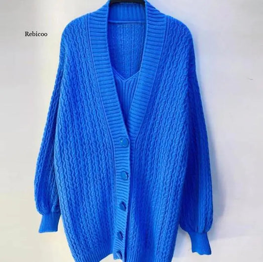 Women's Autumn Long-Sleeved V-Neck Sweater Dress Set